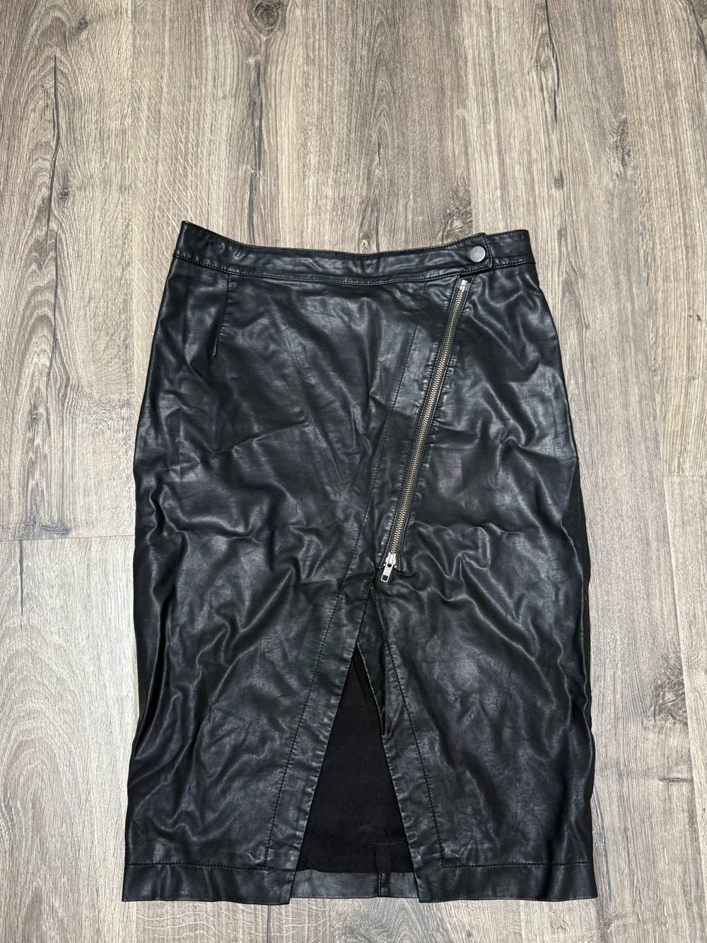 Free People Black Faux Leather Pencil Skirt with Diagonal Zip